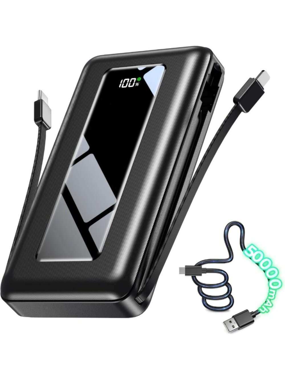 High-Capacity 50000mAh Portable Power Bank, Fast Charging, Built-in Cables